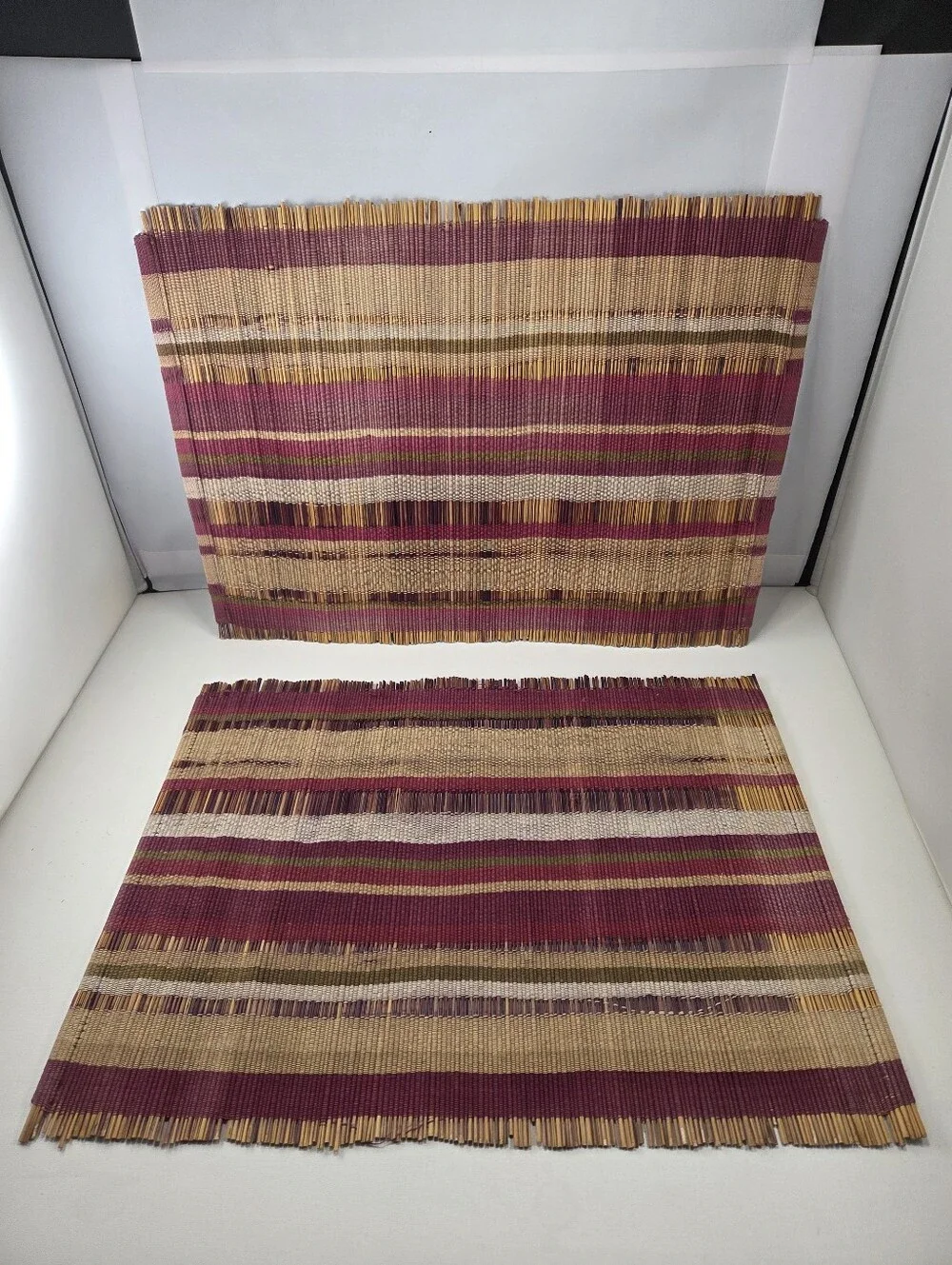 Boho Woven Slatted Bamboo Placemats Set of 2 Striped Burgundy Tan